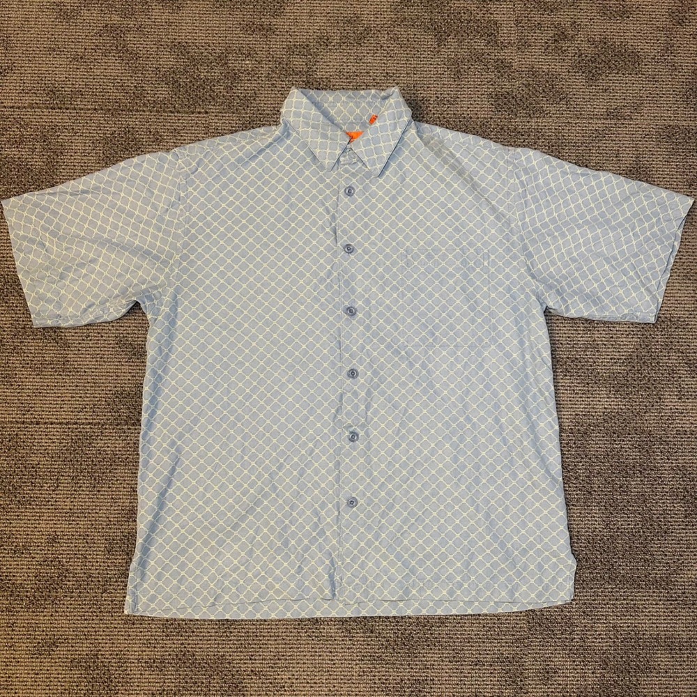 Sette Ponti Men Silk Cotton Blue Geometric Lattice ShortSleeve Button Up Shirt L